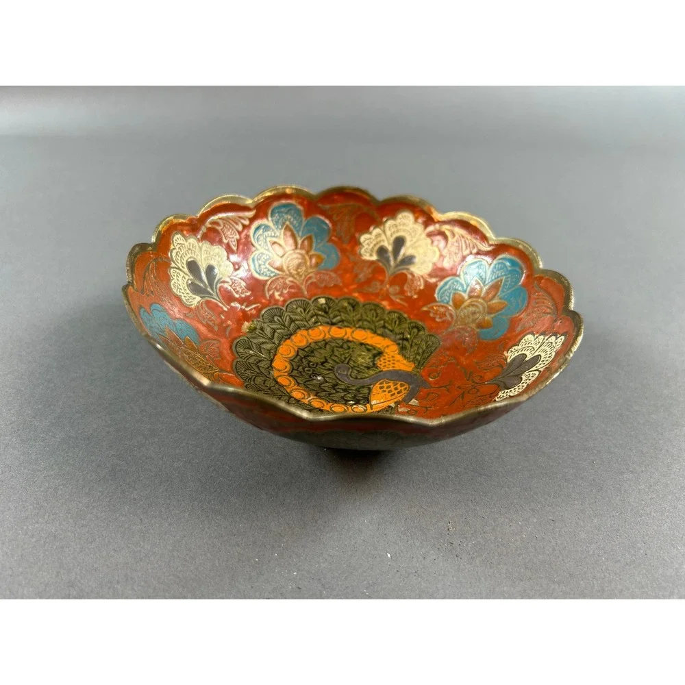Vintage Brass Enamel Peacock Bowl Red Blue Scalloped Edge Decorative Dish 5 inch